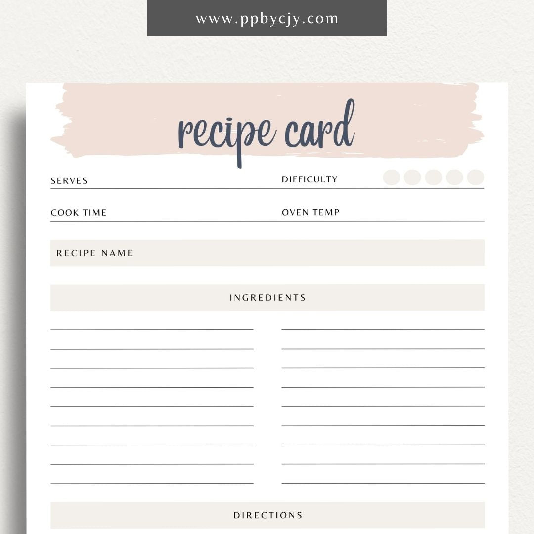 Recipe Card Printable Template – Digital download for organizing and documenting your favorite recipes and cooking instructions