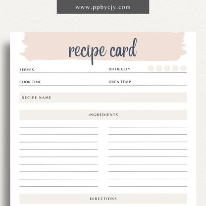 Recipe Card Printable Template – Digital download for organizing and documenting your favorite recipes and cooking instructions