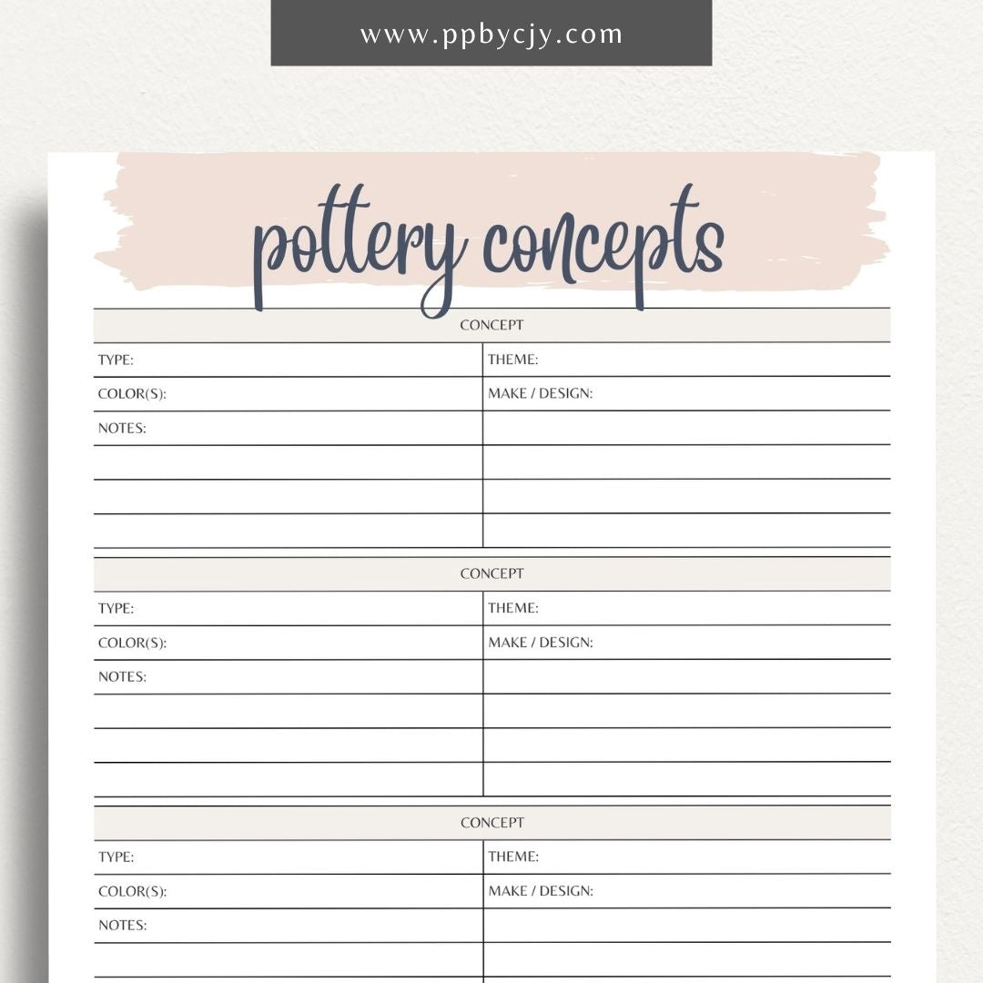 Pottery Concepts Printable Template – Digital download for planning and organizing ceramic design ideas, including sections for sketches, materials, and project tracking