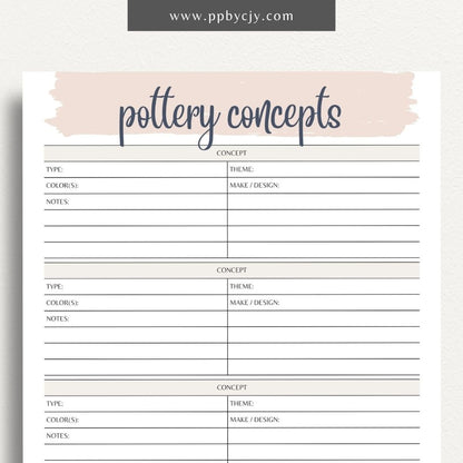 Pottery Concepts Printable Template – Digital download for planning and organizing ceramic design ideas, including sections for sketches, materials, and project tracking