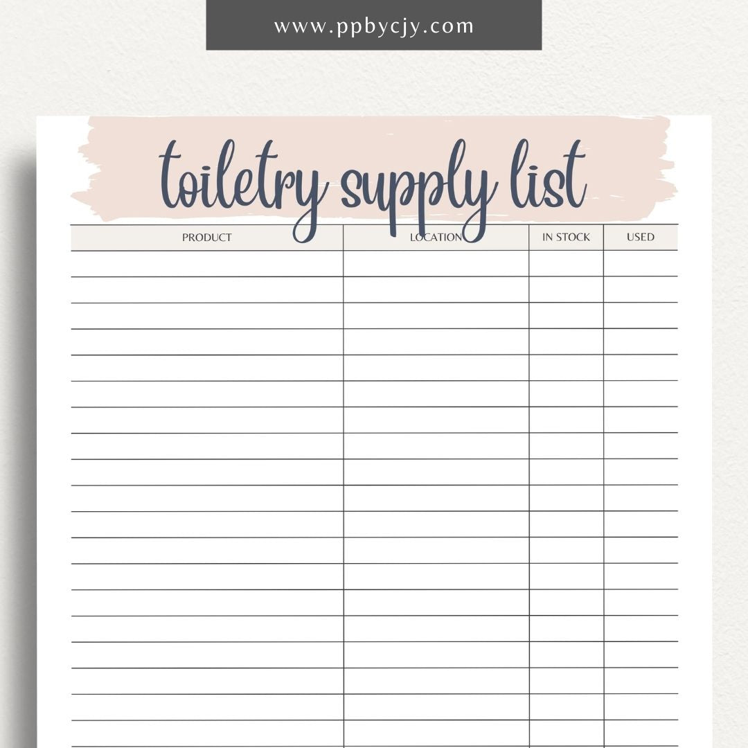 Toiletry Supply List Printable Template – Digital download for organizing and tracking bathroom essentials, personal care items, and travel packing