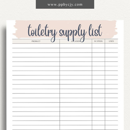 Toiletry Supply List Printable Template – Digital download for organizing and tracking bathroom essentials, personal care items, and travel packing