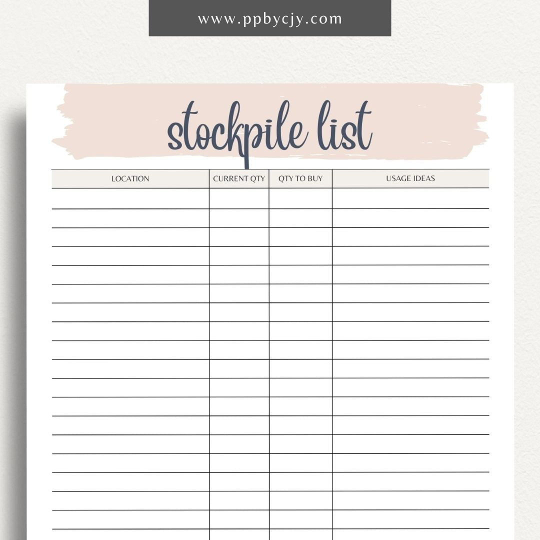 Stockpile List Printable Template – Digital download for tracking and organizing emergency supplies, food, water, and essentials inventory