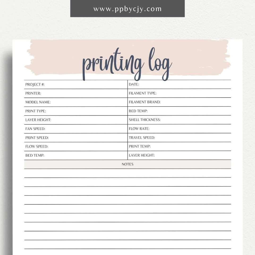 3D Printing Log Printable Template – Digital download for tracking and organizing 3D print jobs, settings, and project details