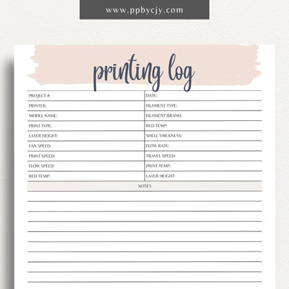 3D Printing Log Printable Template – Digital download for tracking and organizing 3D print jobs, settings, and project details