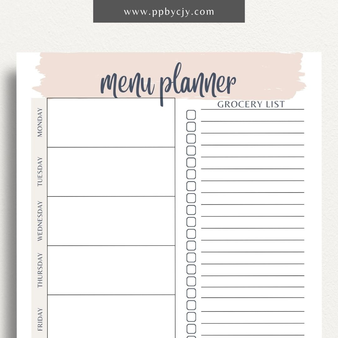 Weekly Meal Planner Printable Template – Digital download for organizing and planning meals for the week, including meal ideas, ingredients, and grocery lists