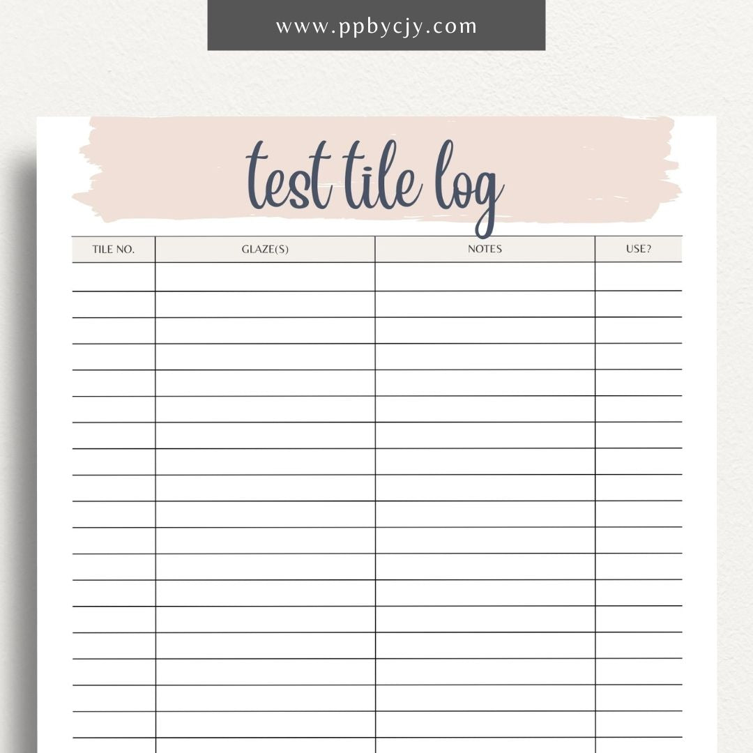 Pottery Test Tile Log Printable Template – Digital download for documenting and tracking ceramic glaze tests, including glaze types, temperatures, and observations