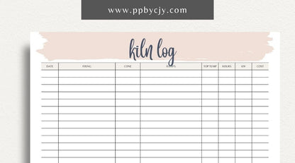 Kiln Log Printable Template – Digital download for tracking ceramic kiln operations, including firing schedules, temperatures, and kiln performance