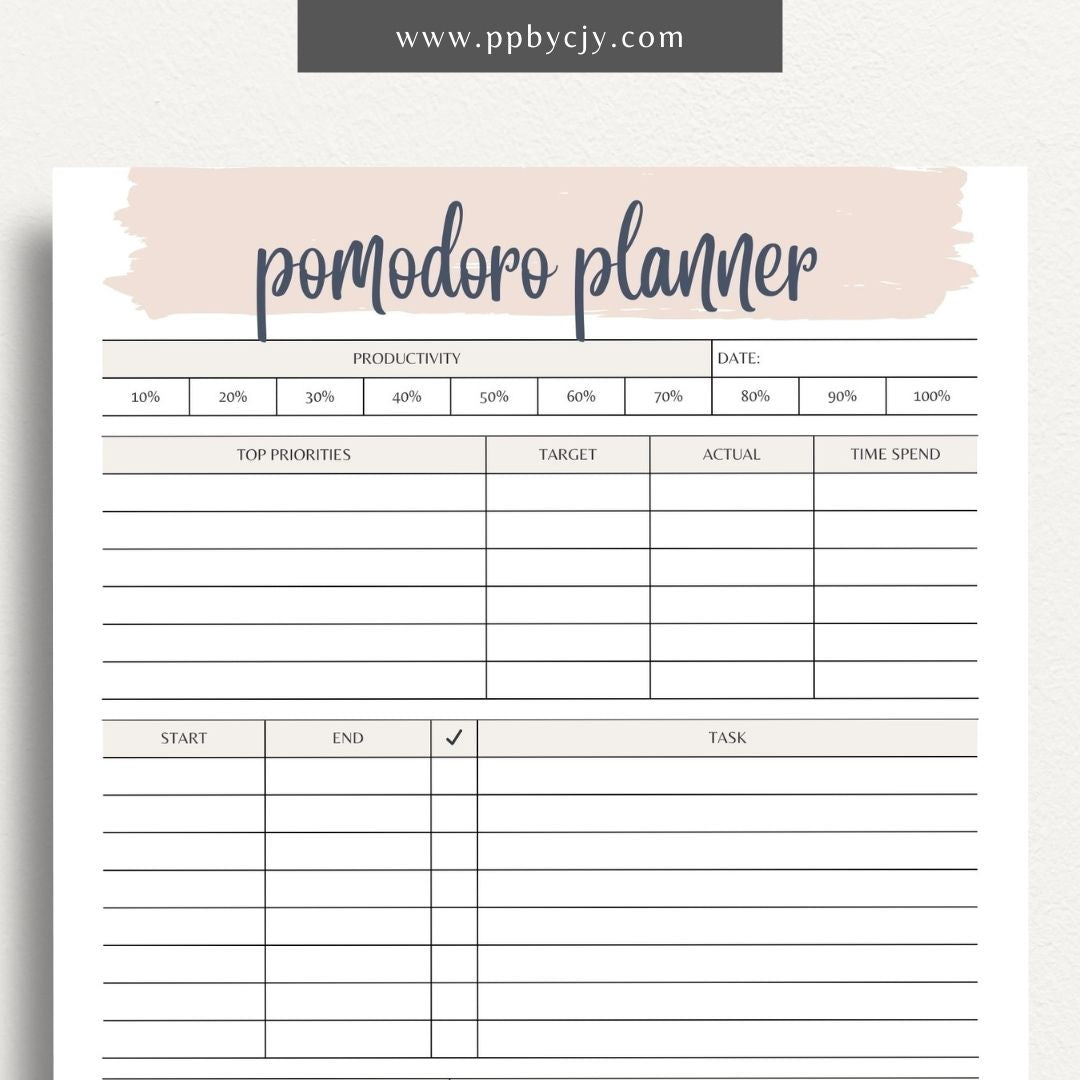 Pomodoro Planner Printable Template – Digital download for time management, productivity tracking, and focus improvement using the Pomodoro Technique.