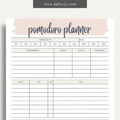 Pomodoro Planner Printable Template – Digital download for time management, productivity tracking, and focus improvement using the Pomodoro Technique.