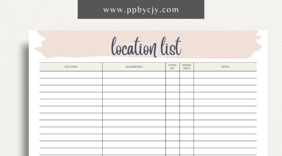 Photography Location List Printable Template – Digital download for organizing and tracking photography spots, photoshoot planning, and location details