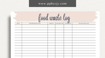 Restaurant Waste Log Printable Template – Digital download for tracking and managing waste in a restaurant, including types, quantities, and reasons for disposal