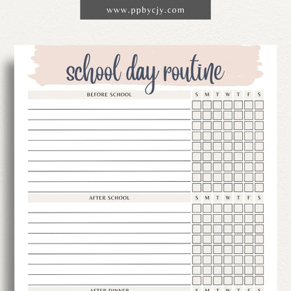 School Day Routine Tracker Printable Template – Digital download for managing school schedules, homework, and daily routines.