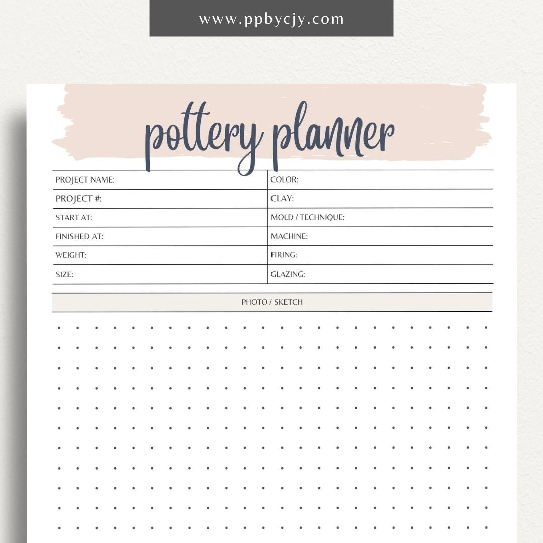 Pottery Planner Printable Template – Digital download for organizing ceramic projects, including design planning, material tracking, and firing schedules