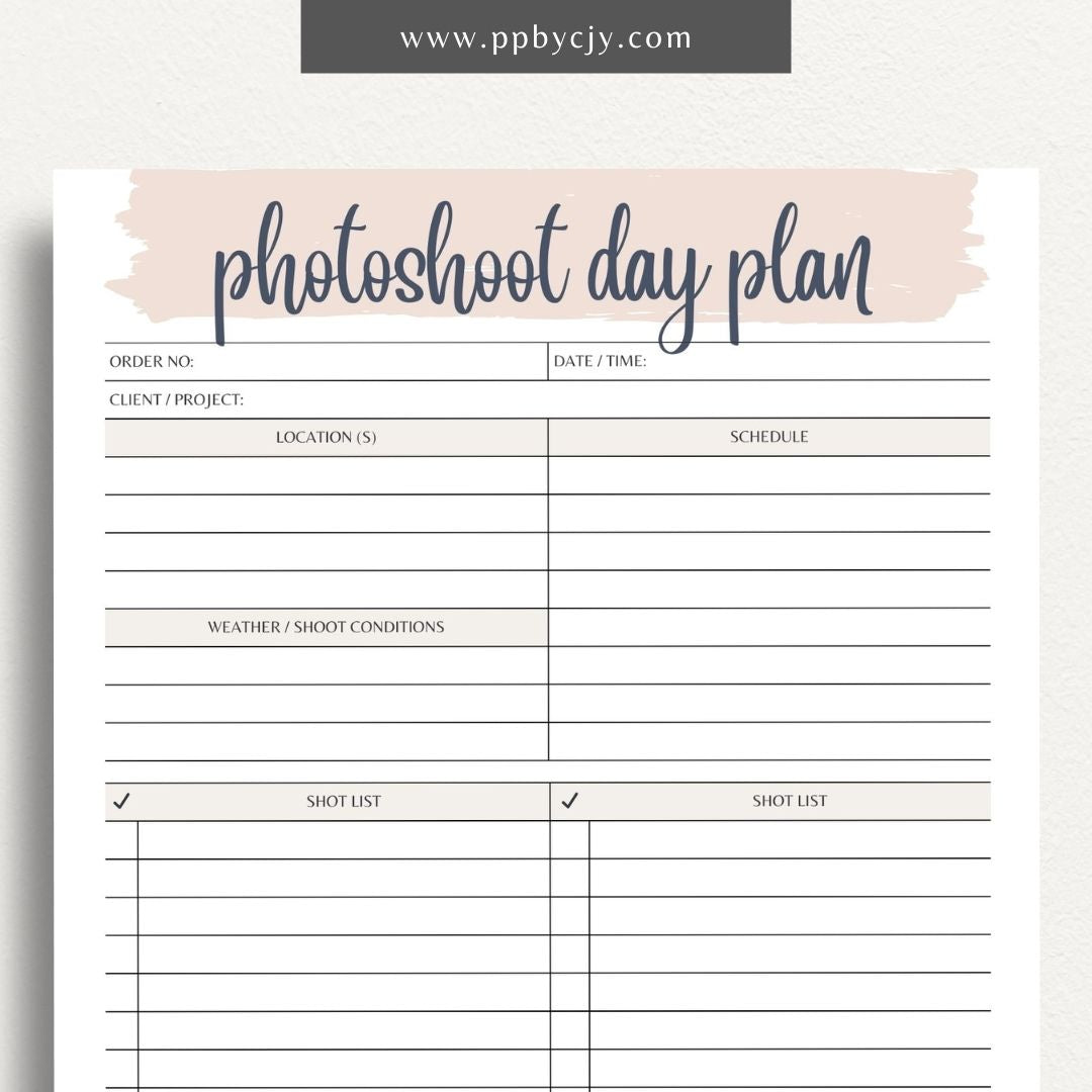 Photoshoot Day Plan Printable Template – Digital download for organizing and planning photography sessions, shoot day schedules, and equipment lists