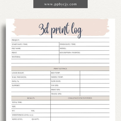 3D Print Log Printable Template – Digital Download for Tracking 3D Printing Projects and Details