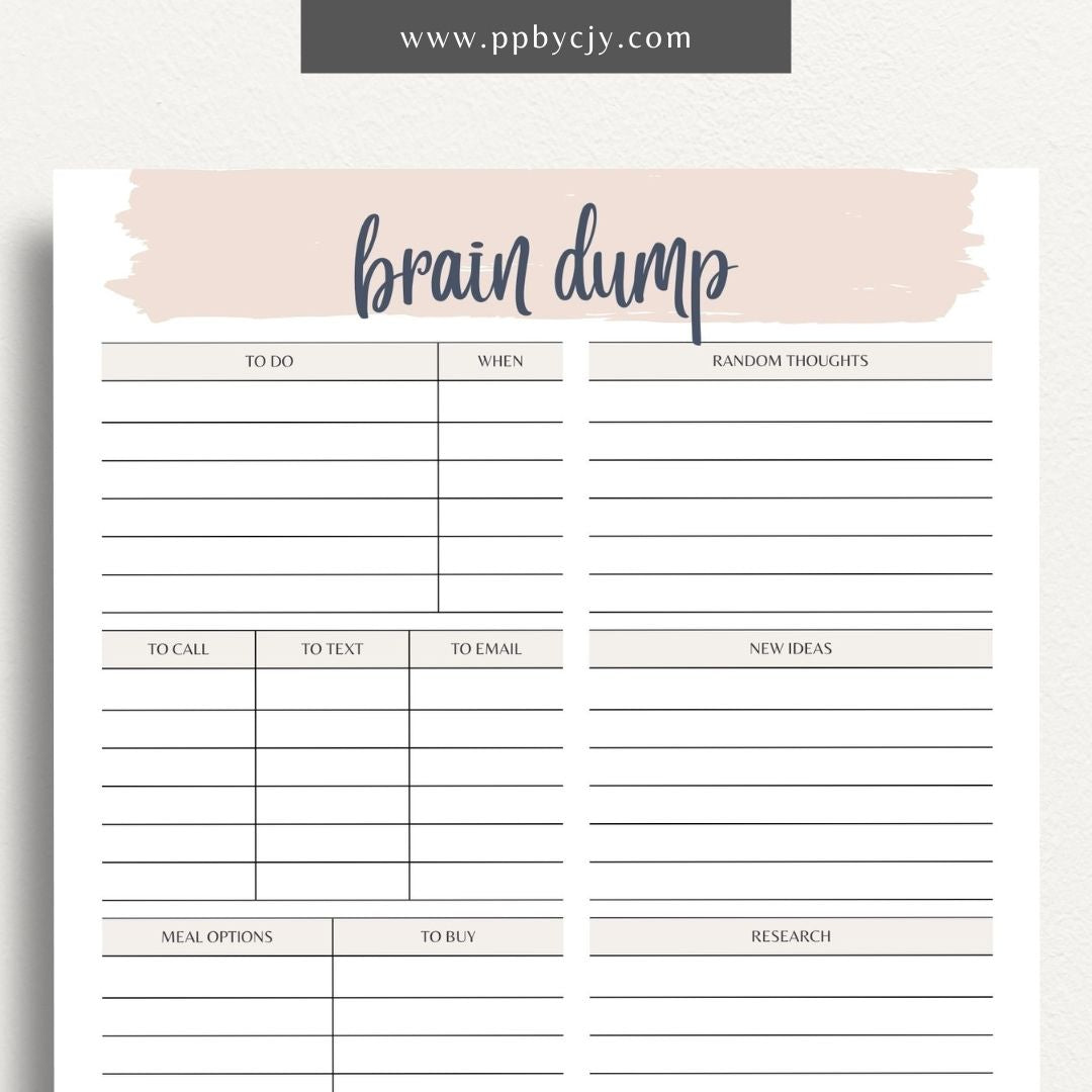 Brain Dump Worksheet Printable – Digital download for organizing thoughts, ideas, and tasks to achieve mental clarity.