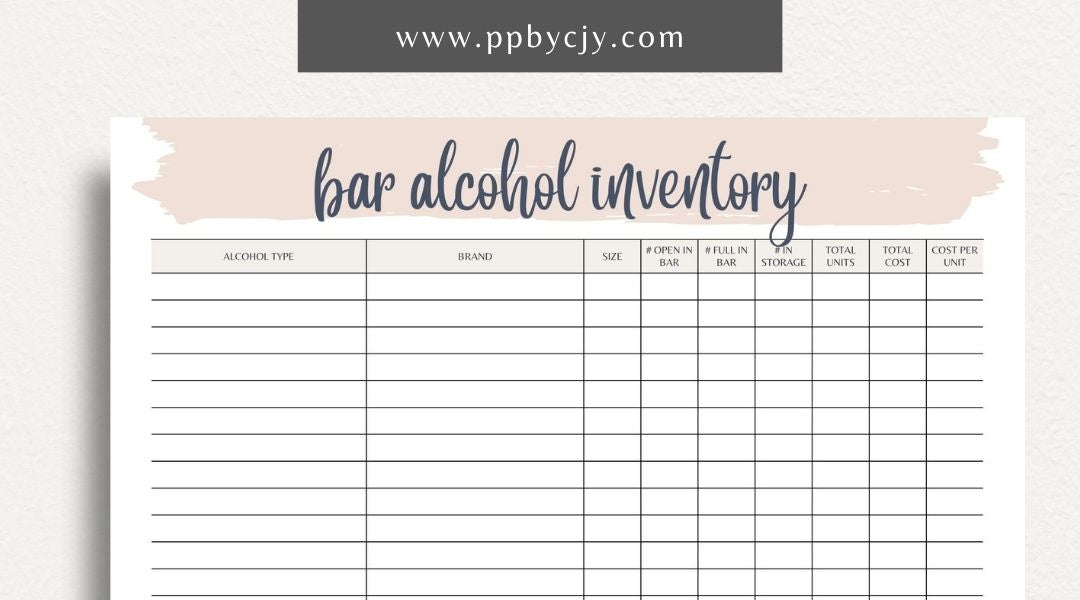 Alcohol Inventory Printable Template – Digital Download for Tracking and Managing Alcohol Stock