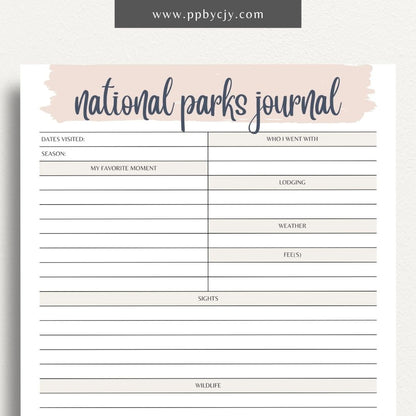 National Park Journal Printable Template – Digital download for tracking national park visits, hikes, wildlife, and more.