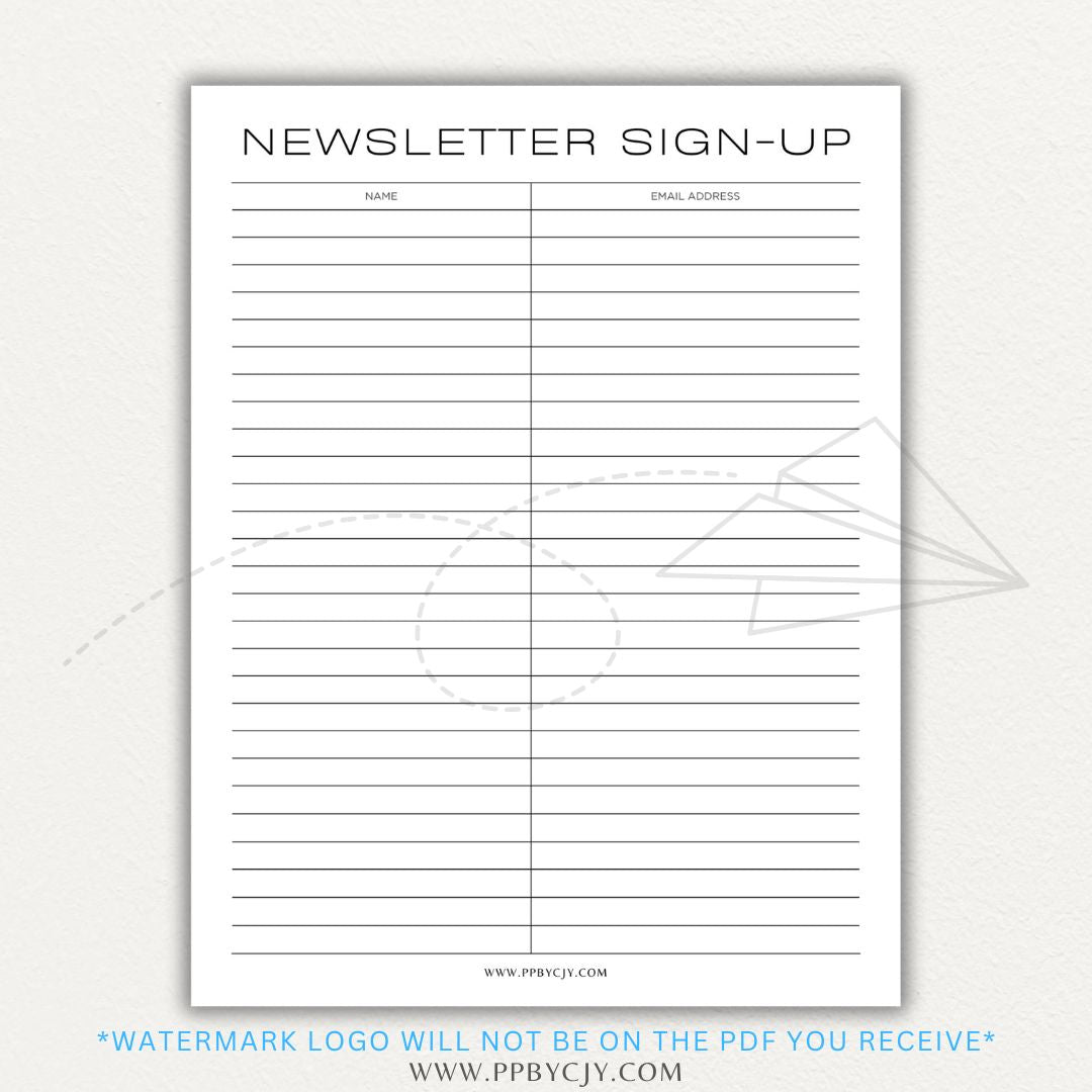 Newsletter sign-up printable PDF template with sections for collecting names, email addresses, and consent for marketing communications.

