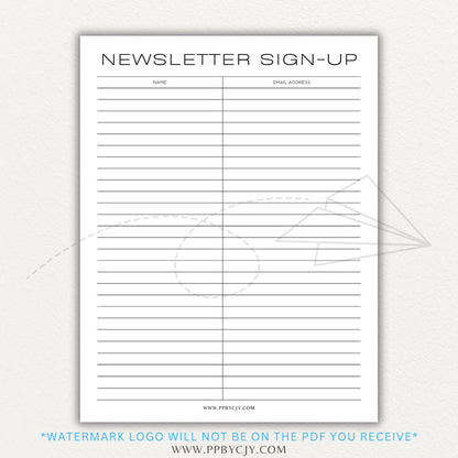 Newsletter sign-up printable PDF template with sections for collecting names, email addresses, and consent for marketing communications.

