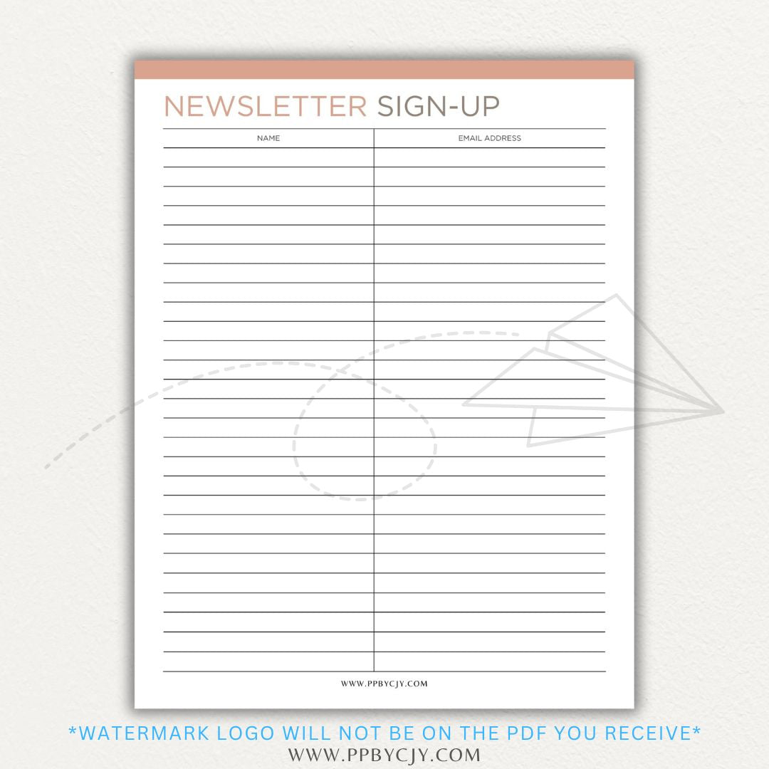 Newsletter sign-up printable PDF template with sections for collecting names, email addresses, and consent for marketing communications.

