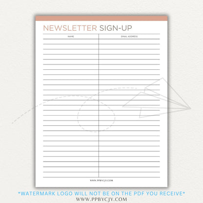 Newsletter sign-up printable PDF template with sections for collecting names, email addresses, and consent for marketing communications.

