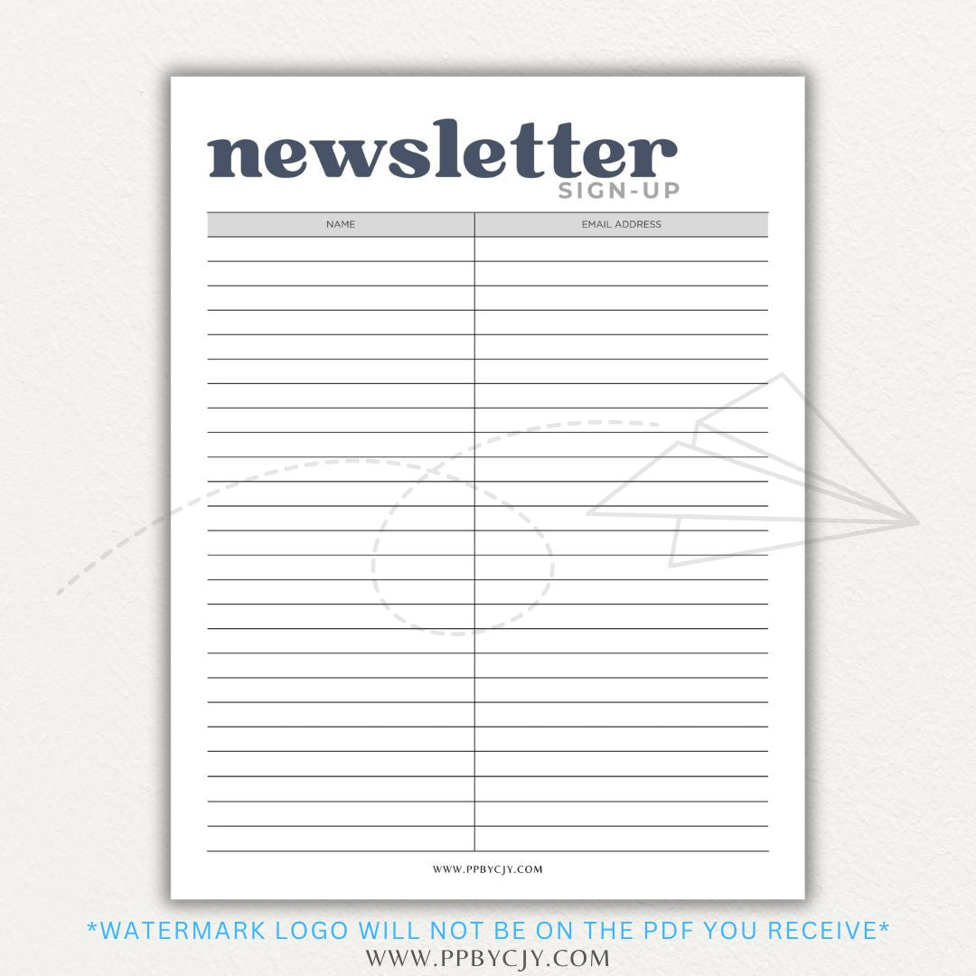 Newsletter sign-up printable PDF template with sections for collecting names, email addresses, and consent for marketing communications.

