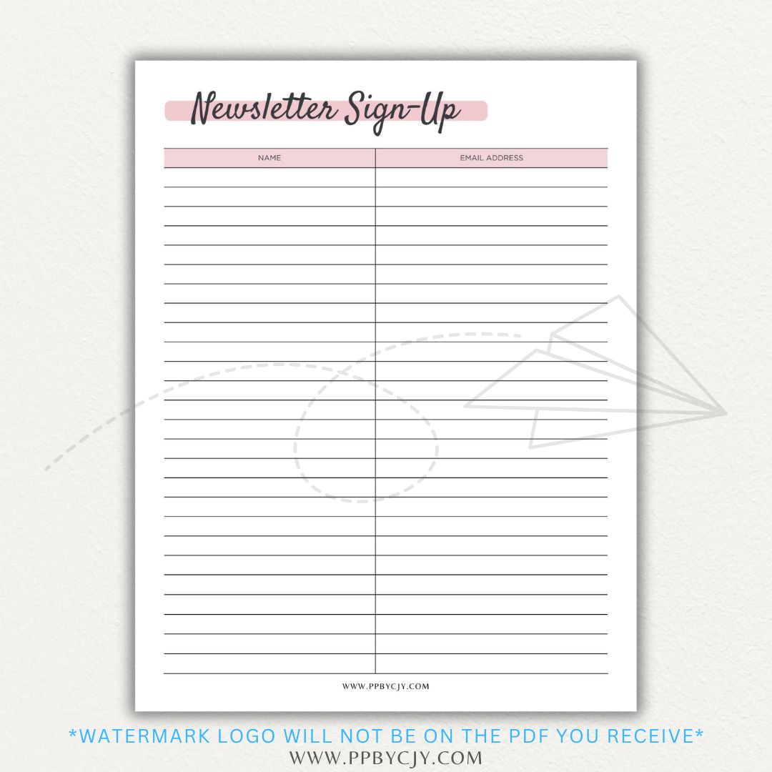 Newsletter sign-up printable PDF template with sections for collecting names, email addresses, and consent for marketing communications.

