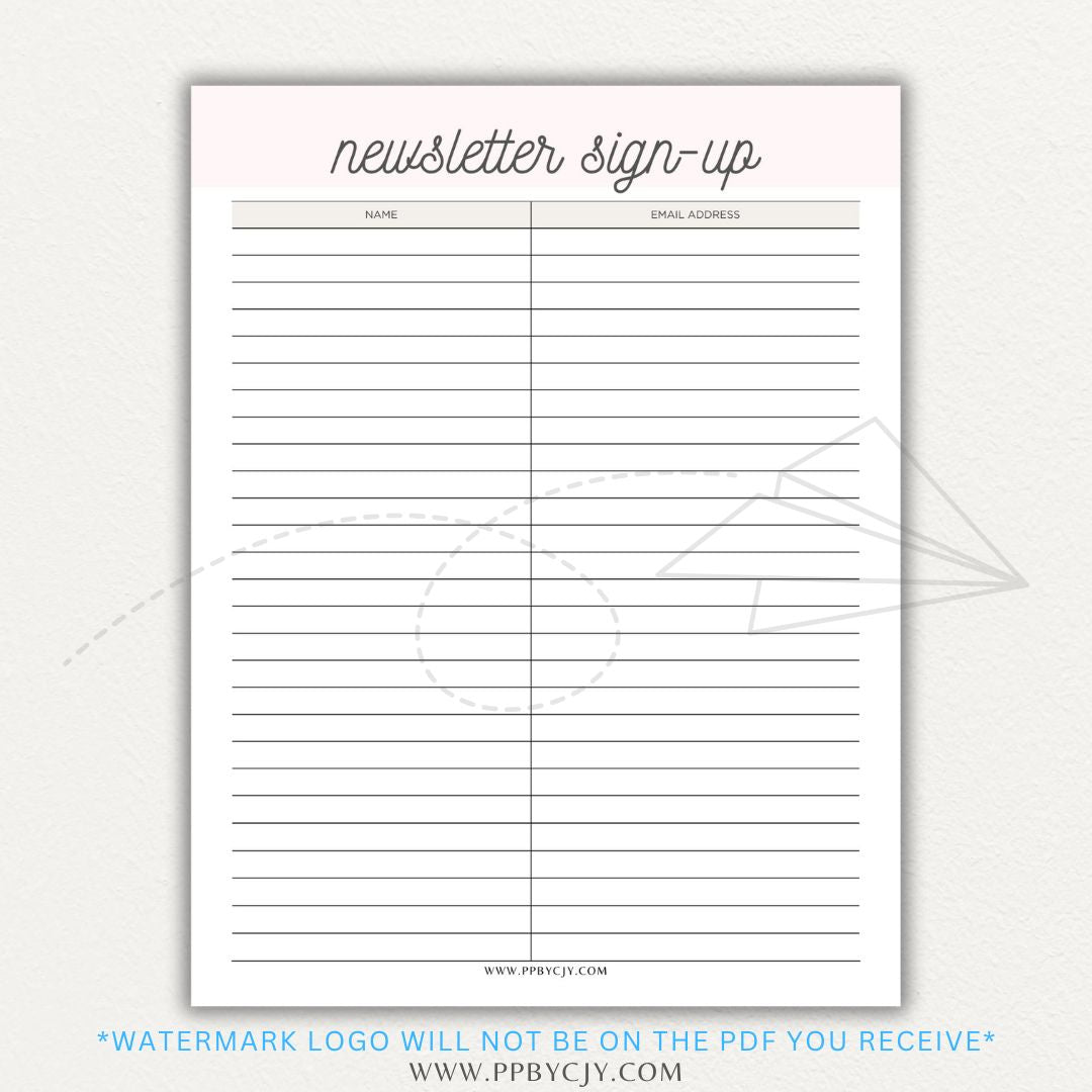 Newsletter sign-up printable PDF template with sections for collecting names, email addresses, and consent for marketing communications.

