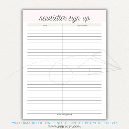 Newsletter sign-up printable PDF template with sections for collecting names, email addresses, and consent for marketing communications.

