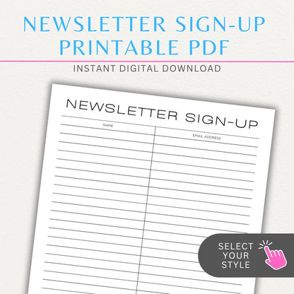 Newsletter sign-up printable PDF template with sections for collecting names, email addresses, and consent for marketing communications.

