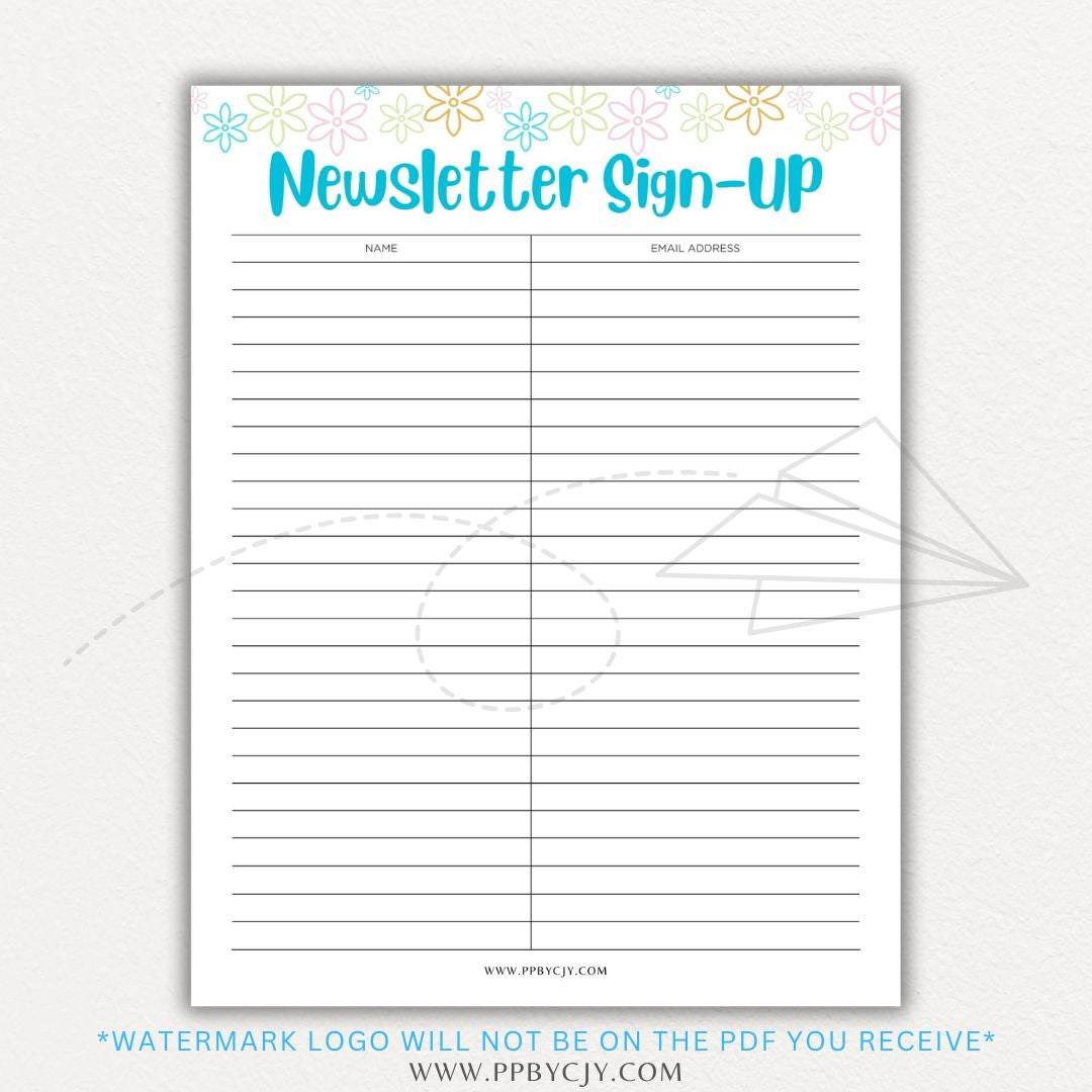 Newsletter sign-up printable PDF template with sections for collecting names, email addresses, and consent for marketing communications.

