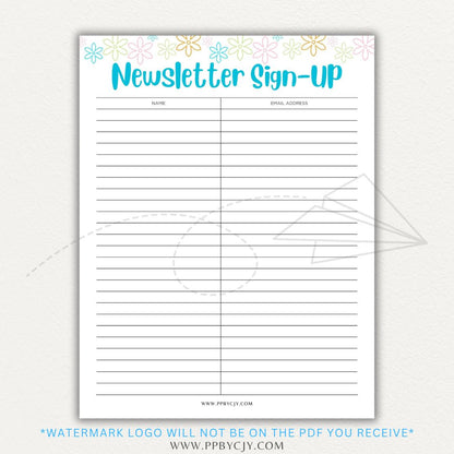 Newsletter sign-up printable PDF template with sections for collecting names, email addresses, and consent for marketing communications.

