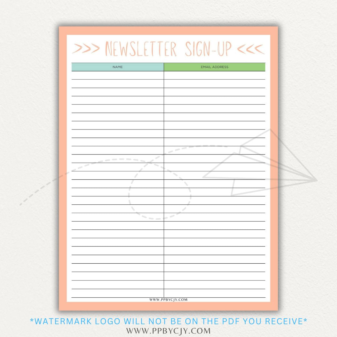 Newsletter sign-up printable PDF template with sections for collecting names, email addresses, and consent for marketing communications.

