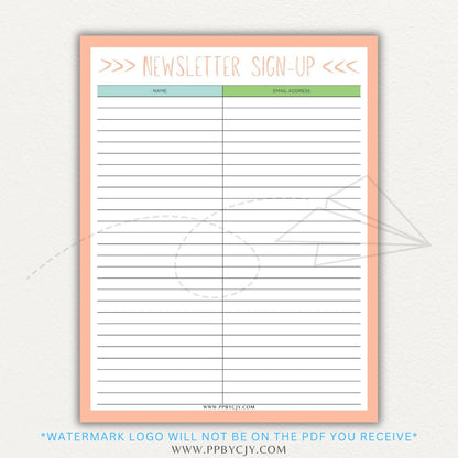 Newsletter sign-up printable PDF template with sections for collecting names, email addresses, and consent for marketing communications.

