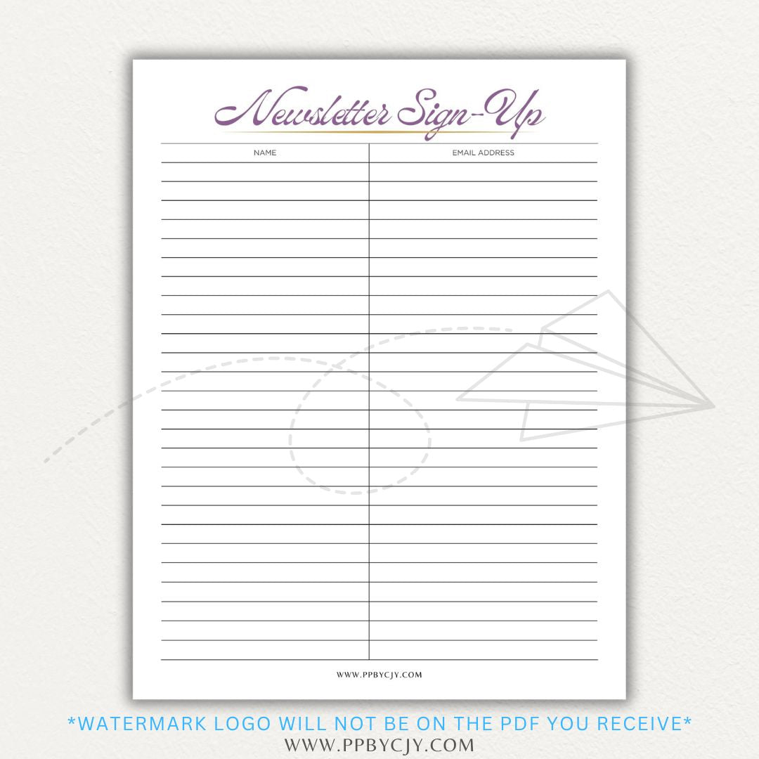 Newsletter sign-up printable PDF template with sections for collecting names, email addresses, and consent for marketing communications.

