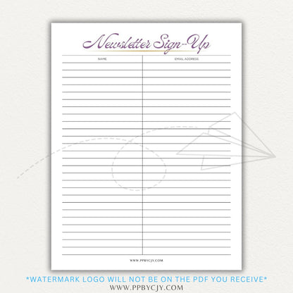 Newsletter sign-up printable PDF template with sections for collecting names, email addresses, and consent for marketing communications.

