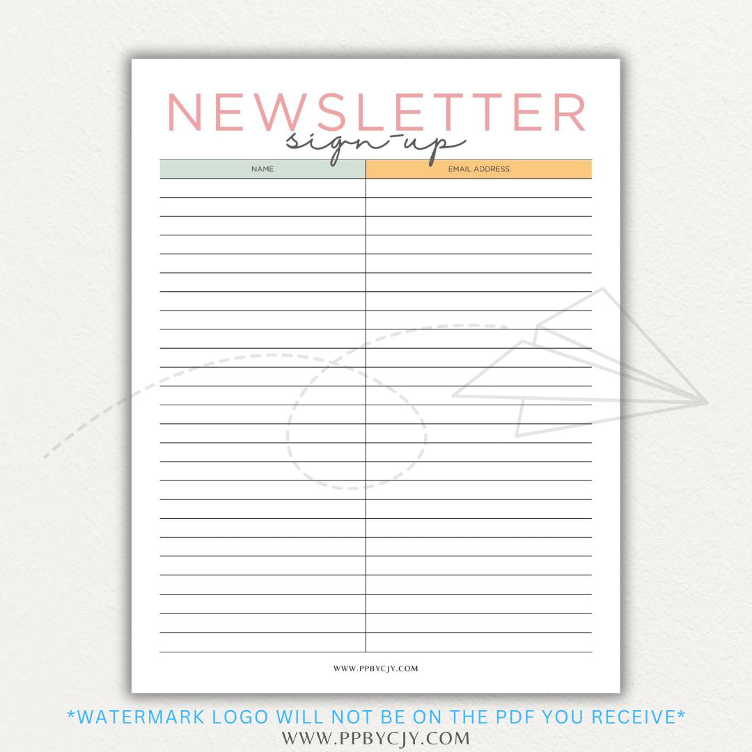 Newsletter sign-up printable PDF template with sections for collecting names, email addresses, and consent for marketing communications.

