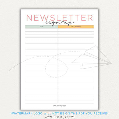 Newsletter sign-up printable PDF template with sections for collecting names, email addresses, and consent for marketing communications.

