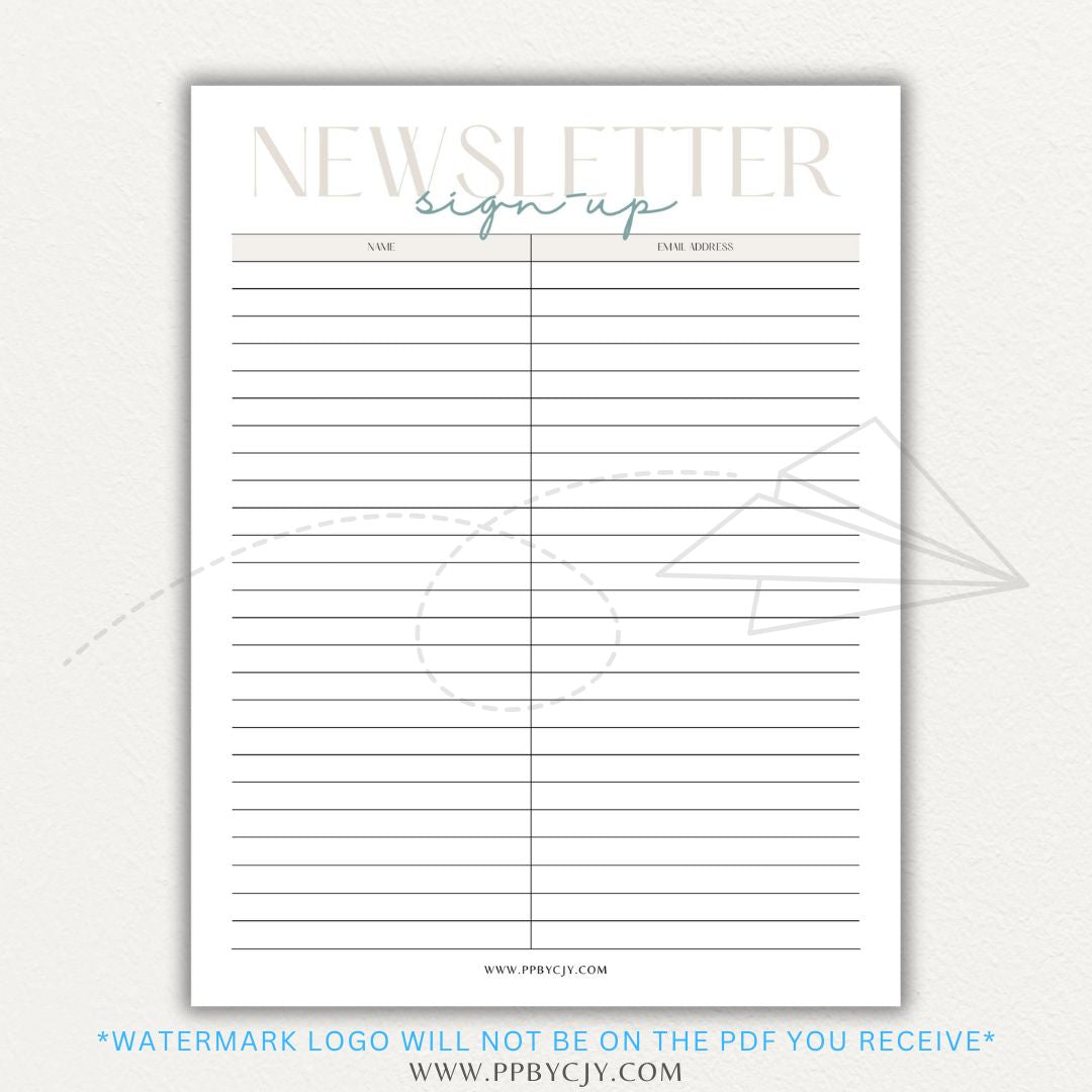 Newsletter sign-up printable PDF template with sections for collecting names, email addresses, and consent for marketing communications.

