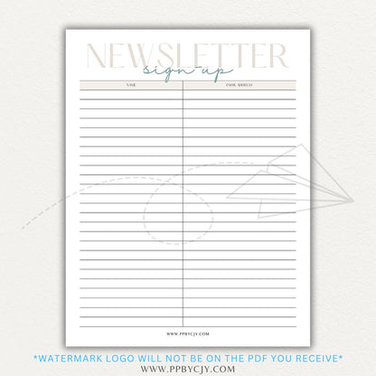 Newsletter sign-up printable PDF template with sections for collecting names, email addresses, and consent for marketing communications.

