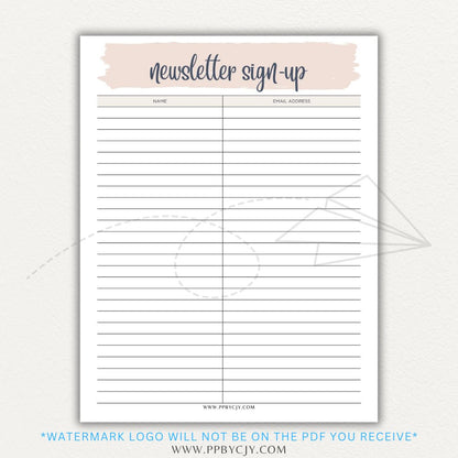 Newsletter sign-up printable PDF template with sections for collecting names, email addresses, and consent for marketing communications.

