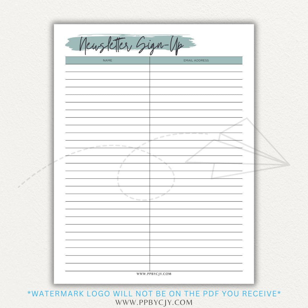 Newsletter sign-up printable PDF template with sections for collecting names, email addresses, and consent for marketing communications.

