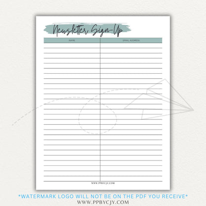 Newsletter sign-up printable PDF template with sections for collecting names, email addresses, and consent for marketing communications.

