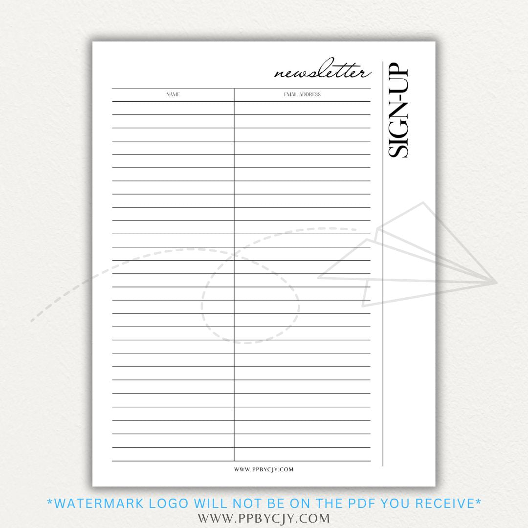 Newsletter sign-up printable PDF template with sections for collecting names, email addresses, and consent for marketing communications.

