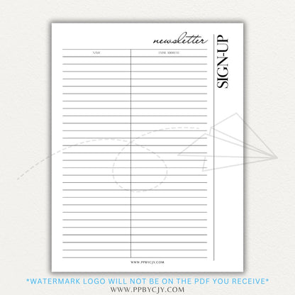 Newsletter sign-up printable PDF template with sections for collecting names, email addresses, and consent for marketing communications.

