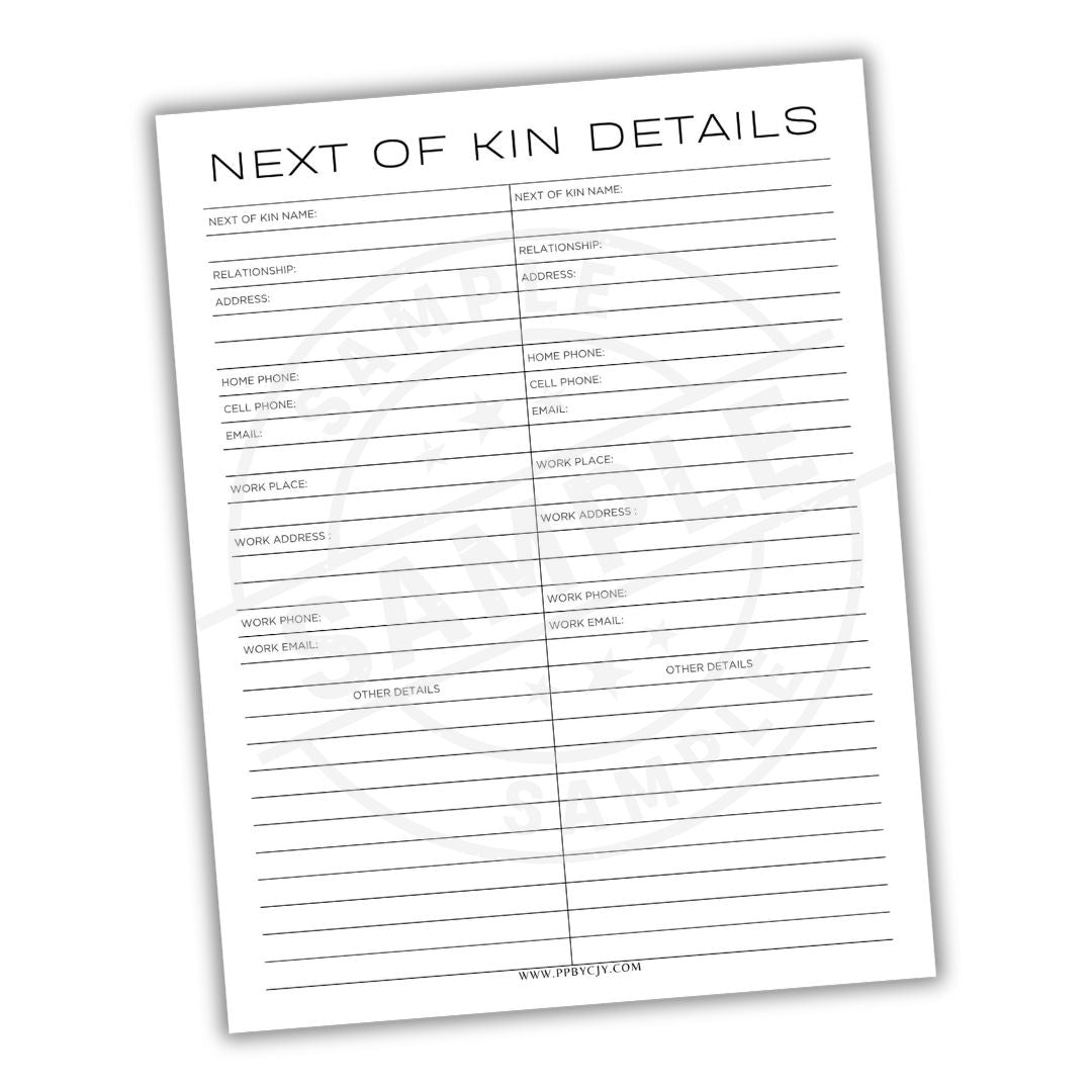 Sheet with 'Next of Kin Details' form on a white background