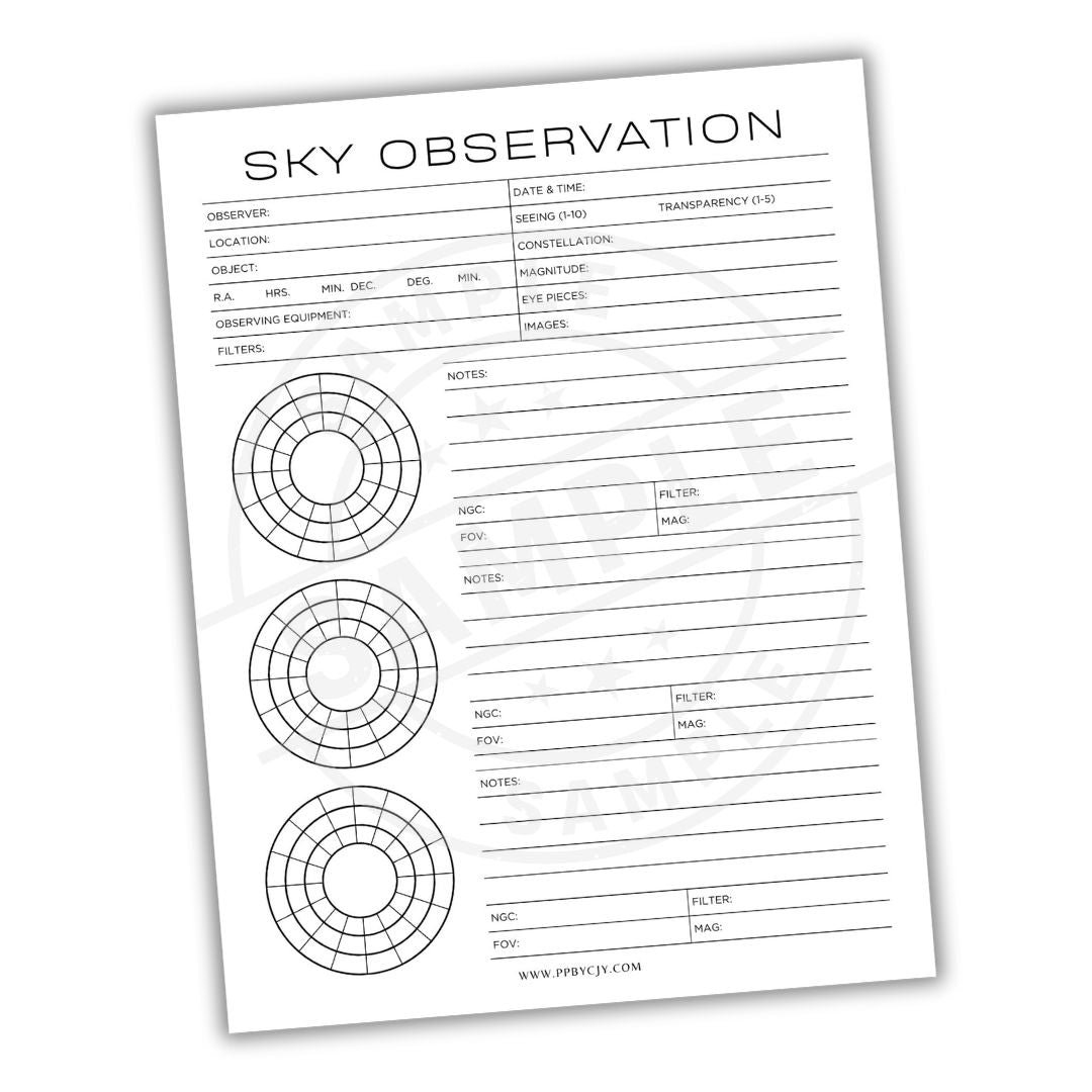 Sheet for sky observation with observational data fields and star charts.