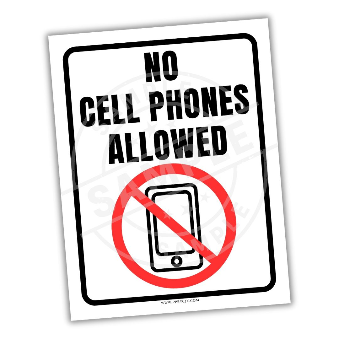 No cell phones allowed sign with a red circle and line through a smartphone icon on a white background.